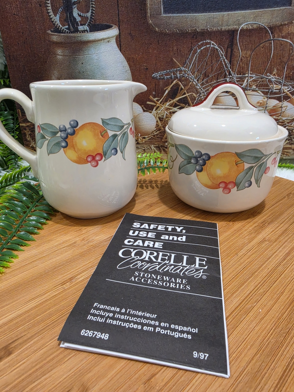 Corelle White Stoneware Creamer and Sugar Bowl with Orange and Berry Motif